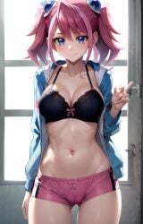 1girl ai-created ai_generated ass_visible_through_thighs black_bra blue_eyes blue_jacket blush bow bow_bra boyshort_panties boyshorts bra breasts cameltoe cleavage closed_mouth collarbone cowboy_shot drawstring female fingernails groin hair_between_eyes hair_ornament hand_up hiiragi_yuzu hood hood_down hooded_jacket index_finger_raised indoors jacket lace-trimmed_bra lace_trim large_breasts long_sleeves looking_at_viewer medium_breasts medium_hair multicolored_hair navel open_clothes open_jacket panties pink_bow pink_hair pink_shorts rena_aikawa_(pixiv_user) short_shorts short_twintails shorts sidelocks smile solo standing stomach streaked_hair thigh_gap thighs twintails two-tone_hair underwear window yu-gi-oh! yu-gi-oh!_arc-v