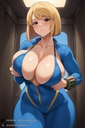 1female 1girls 2025 ai_generated artist_name bangs big_ass big_breasts black_eyes blonde_hair blue_bodysuit blush bodysuit breasts cleavage collarbone curvy fallout female hi_res high_quality high_resolution highres huge_ass huge_breasts looking_at_viewer open_clothes patreon patreon_logo patreon_username short_hair solo sweat thick_thighs thigh_gap thighs unjobdespiert unzipped vault_girl watermark web_address wide_hips zipper
