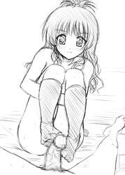 censored feet footwear kneehighs long_hair monochrome mosaic_censoring partial_male penis pov socks to_love-ru yuki_tomoshi yuuki_mikan