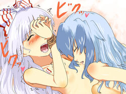 bite biting blue_hair blush bow closed_eyes female flat_chest fujiwara_no_mokou hairbow keine_kamishirasawa loggy multiple_girls nipple_biting nipples open_mouth rope silver_hair tears touhou yuri