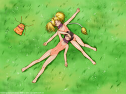 aquarina blonde_hair brown_hair collar dears female female_only flat_chest grass ikuhara_natsuki innie_pussy lennys_barboza lying multiple_girls nia_(dears) nude outdoors reverse_tanline shaved_pussy shiny_skin short_hair sunburn tied_hair twintails