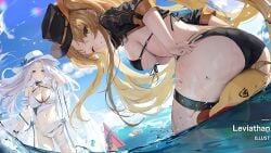 2girls ass azur_lane bare_shoulders bikini bird black_bikini blonde_hair blue_eyes blue_sky blush breasts cg chick choker cleavage cloud copyright_name day front-tie_top green_eyes grin hat hornet_(azur_lane) hornet_ii_(azur_lane) jacket large_breasts long_hair looking_at_viewer looking_back multiple_girls navel ocean official_alternate_costume official_art one_eye_closed outdoors parted_lips sky smile standing stomach sun_hat swimsuit thigh_strap thighs twintails very_long_hair wading water wet white_bikini white_hair white_headwear yorktown_(azur_lane) yorktown_ii_(azur_lane)