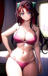 1girl ai-created ai_generated bare_shoulders bed bedroom black_hair blush bow bow_panties bow_underwear bra breasts cameltoe clavicle cleavage closed_mouth clothing curtains female gluteal_fold hair_ornament hand_on_hip hand_on_own_hip high_resolution indoors large_breasts lingerie long_hair looking_at_viewer mole mole_under_eye multicolored_hair navel pantsu pink_bra pink_clothing pink_panties pink_underwear purple_eyes ray_akaba red_hair rena_aikawa_(pixiv_user) smile solo standing stomach streaked_hair thigh_gap thighs two-tone_hair underwear underwear_only window yu-gi-oh! yu-gi-oh!_arc-v