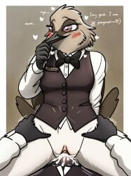 absurd_res anthro aroused aroused_face avian beak beak_grab bird blush bodily_fluids bottomless bottomless_female bow_tie clitoral_hood clitoris clothed clothed_sex clothing collared_shirt cum cum_in_vagina cum_inside dress_shirt duo female female_focus female_on_top fish_birb genital_fluids genitals hi_res hip_grab impregnation_attempt male male/female millie_(fish_birb) moan name_tag on_top orgasm oscine passerine penetration penile penile_penetration penis penis_in_vagina pussy sex shirt starling_(bird) stomach_bulge topwear uniform vaginal_penetration vest vulva waiter waiter_suit waitress_uniform