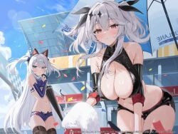 2girls animal_ears azur_lane bare_shoulders black_thighhighs blue_eyes blue_sky blush breasts cat_ears cg cleavage closed_mouth clothing_cutout confetti cowboy_shot crop_top day detached_sleeves fake_animal_ears female gloves grey_hair hair_ornament hair_ribbon hammann_(azur_lane) hammann_(blushing_fellow)_(azur_lane) holding holding_umbrella joffre_(azur_lane) joffre_(blessings'_first_flight)_(azur_lane) large_breasts leaning_forward long_hair looking_at_viewer micro_shorts midriff multiple_girls navel official_art outdoors race_queen red_eyes short_shorts shorts sky standing stomach sweat thigh_gap thighhighs thighs towel twintails two_side_up umbrella very_long_hair wet white_hair