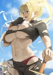 1boy 3girls abs aqua_(konosuba) blonde_hair blue_hair blue_sky breasts cloud cloudy_sky darkness_(konosuba) hair_ornament hat highres izawa_(bhive003) kono_subarashii_sekai_ni_shukufuku_wo! large_breasts long_hair megumin multiple_girls navel panties ponytail red_panties satou_kazuma sky sword toned toned_female torn_clothes underwear weapon witch_hat x_hair_ornament