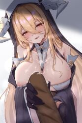 1boy :q areola_slip azur_lane baguette bare_shoulders between_breasts black_gloves blonde_hair blush breast_cutout breasts cg cleavage cum cum_on_body cum_on_breasts detached_sleeves e.c.ho fake_horns female gloved_handjob gloves habit hair_between_eyes half_gloves handjob horns huge_breasts implacable_(azur_lane) large_breasts licking_lips long_bangs long_hair long_sleeves looking_at_viewer male nipples nun penis pov red_eyes smile solo_focus straight tongue tongue_out two-tone_dress veil very_long_hair white_horns wide_sleeves