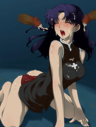 1girls ass blue_hair blush censored closed_eyes clothing cross cum cum_on_ass cum_on_body cum_on_clothes cum_on_hair cum_on_lower_body dark-skinned_male dark_penis dark_skin dress facial hair hairu interracial large_breasts long_hair misato_katsuragi neon_genesis_evangelion open_mouth panties penis red_panties underwear