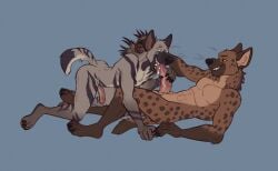 all_fours anthro anthro_on_anthro bix_(qibble) bodily_fluids brown_body brown_fur cum cum_in_mouth cum_inside duo fellatio fur genital_fluids grey_body grey_fur hi_res hyena leaking_cum lying male male/male mammal muscular muscular_anthro muscular_male nude on_back oral oral_penetration pecs penetration penile penis sex side_view simple_background spotted_hyena striped_body striped_fur striped_hyena stripes tail teeth tntkl tongue
