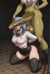 after_deepthroat after_fellatio after_oral ai_generated akame_ga_kill! arms_behind_back balls balls_on_shoulder blue_hair breasts captured drool drooling esdeath_(akame_ga_kill!) excessive_saliva female futa_on_female futanari huge_balls huge_breasts huge_cock interracial intersex long_penis orc orc_futa penis poney saliva saliva_string saliva_trail sex_slave thick_penis tied_hands