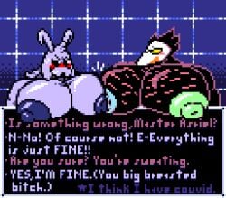 anthro asriel_dreemurr asriel_dreemurr_(god_form) avian bfad big_muscles big_nipples big_pecs bird blush bodily_fluids body_hair boss_monster_(undertale) bovid bust_portrait caprine chest_hair darkner deltarune dialogue digital_media_(artwork) duo eye_contact eyewear felineflustered flustered flustered_male gameplay_mechanics glasses goat hair head_tuft horn huge_muscles huge_nipples huge_pecs hyper hyper_muscles hyper_nipples hyper_pecs jealous long_hair looking_at_another male male/male mammal muscles muscular muscular_male nipples oblivious pec_squish pecs pecs_frottage pixel_(artwork) portrait relsai size_difference swatch_(deltarune) swatchling sweat text tuft undertale undertale_(series)