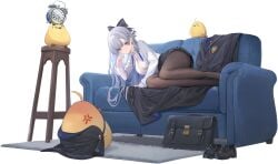 anger_vein argus_(a_hundred_sleepless_eyes)_(azur_lane) argus_(azur_lane) azur_lane bag black_footwear black_pantyhose black_skirt blue_eyes blue_necktie bow breasts cg cleavage clock collared_shirt couch female full_body grey_hair hairbow holding indoors jacket large_breasts long_hair long_sleeves looking_at_viewer lying miniskirt necktie official_alternate_costume official_art on_couch on_side pantyhose partially_unbuttoned pleated_skirt ponytail shirt shoes skirt solo suitcase unworn_shoes very_long_hair white_shirt window_blinds