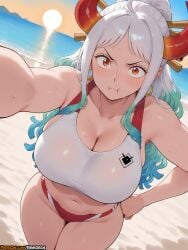 2025 :t ai_assisted ai_generated anime anime_girl anime_style aqua_hair artist_name bare_shoulders beach bikini blush breasts cleavage closed_mouth collarbone curled_horns earrings female green_hair hair_ornament hair_stick hand_on_hip hi_res high_quality high_res high_resolution highres horns huge_breasts jewelry large_breasts leaning_forward long_hair looking_at_viewer multicolored_hair multicolored_horns navel ocean one_piece orange_eyes outdoors patreon patreon_username pout red_horns rinkoai sand solo stomach sun sweat swimsuit uncensored water watermark white_hair yamato yamato_(one_piece)