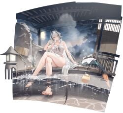 azur_lane bare_shoulders barefoot blush bottle breasts cg choko_(cup) cleavage covered_navel crossed_legs cup feet female full_body grey_hair hair_between_eyes holding horns kursk_(azur_lane) kursk_(lone_wolf_amid_the_steam)_(azur_lane) lantern large_breasts legs long_hair looking_at_viewer multicolored_hair naked_towel night nude_cover official_art onsen outdoors red_eyes sitting soaking_feet soles solo steam thighs toes towel very_long_hair water wet wet_towel white_hair wooden_bucket