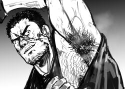 1boy amsokyo armpit armpit_fetish armpit_hair armpits bara daddy dilf gay hairy hairy_armpits hairy_male iwao_oguro knuckleduster_(my_hero_academia) looking_at_viewer male muscular muscular_male my_hero_academia pov pov_eye_contact smell smelly smelly_armpits solo solo_male yaoi