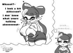 areolae_peeking boob_growth breasts callie_(splatoon) danidrawz dreaming english_dialogue english_text fantasizing female greyscale splatoon thinking thought_bubble