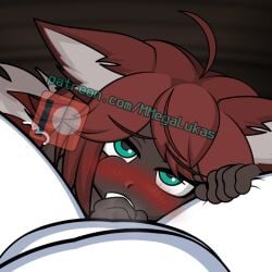 blowjob blue_eyes blush breasts dark-skinned_female dark_skin female fox_ears fox_tail handjob mega_lukas_(artist) nekomimi red_hair seductive seductive_look terraria tongue zoologist_(terraria)