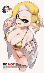 breasts cleavage female gold_bikini inkling inkling_girl jinkoika nosebleed offscreen_character splatoon splatoon_3 stripping twitter_link twitter_username undressing winking_at_viewer
