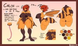 abs absurd_res angry antennae_(anatomy) anthro arthropod arthropod_abdomen asian_giant_hornet ass back_muscles brown_body brown_sclera butt_tattoo carapace chloe_(bepinips) choker collar dark_sclera eyeshadow female genitals hair hi_res hind_legs hornet hymenopteran insects jewelry lepidopteran long_tongue makeup mandibles model_sheet muscular muscular_female necklace nipples nude orange_body pubes red_hair solo stinger tattoo tongue vespid vulva wasp wings yellow_eyes
