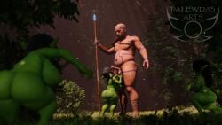 3d_(artwork) ball_grab balls big_ass big_breasts breasts druid erection female forest goblin green_body green_skin grope half_clothed human larger_male male nude palewdas_arts penis scrag_(modeler) short_stack shortstack staff tagme tribal tribal_markings