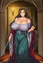 ai_generated blush breasts brown_eyes brown_hair cleavage dress female giant_breasts gown large_breasts light-skin light-skinned light-skinned_female long_hair mature_female medieval medieval_background medieval_outfit medieval_woman royal royalty scepter see_through_clothing sheer surprised