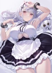 apron arm_up armpits azur_lane bare_shoulders black_hairband black_skirt blush breasts center_frills cg character_doll choker clothing_cutout dido_(azur_lane) doll earrings female frills grey_hair hairband jewelry large_breasts long_hair looking_at_viewer lying maid maid_apron on_back parted_lips pink_eyes red_eyes shirt skirt sleeveless sleeveless_shirt solo thighs underboob underboob_cutout waist_apron white_apron white_hair white_shirt