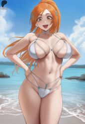 1girls ai_generated beach bikini bleach bleach:_the_thousand-year_blood_war blush breasts breasts_spilling_out brown_eyes curvy curvy_figure excited excited_expression female giant_breasts hair_ornament hands_on_hips highres inoue_orihime large_breasts legs legs_together light-skinned_female light_skin long_hair looking_at_viewer open_mouth open_mouth orange_hair orange_hair_female ponytail primosensei sexy_pose straight_hair thighs tight_clothing white_bikini