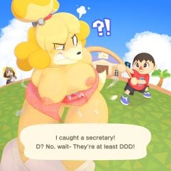 angry animal_crossing anthro areola bell bottomwear breasts clothing cloud coconut digby_(animal_crossing) drupe_(fruit) e621 exclamation_point female food fruit grass group human isabelle_(animal_crossing) maid_uniform male male/female mammal mehtrashycoon net nintendo nipples palm_tree pink_clothing pink_shirt pink_topwear plant question_mark red_clothing red_shirt red_topwear shirt shocked skirt skirt_down sky topwear torn_clothing town_hall tree trio uniform villager_(animal_crossing)