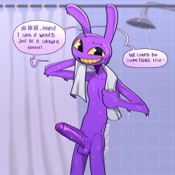 2d 2d_(artwork) after_shower aribujitosnsfw bunny_ears dialogue english_dialogue english_text furry jax_(the_amazing_digital_circus) leporid looking_at_viewer male male_only naked rabbit shower solo speech_bubble tagme talking_to_viewer the_amazing_digital_circus towel wet