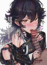 arm_pouch bar_censor bare_shoulders black_gloves black_hair blush bodysuit breasts censored elazale elbow_gloves erection fellatio female fingerless_gloves gloves goddess_of_victory:_nikke hair_between_eyes highres k_(nikke) large_breasts licking licking_penis long_hair looking_at_viewer multicolored_hair open_mouth oral orange_eyes penis pouch shiny_skin simple_background single_leg_bodysuit sleeveless sleeveless_bodysuit solo_focus straight thigh_pouch two-tone_hair white_background white_hair