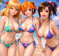 3girls ai ai-created ai_art ai_generated alternate_version_at_source artist_logo artist_name beach belly_button bikini bikinis black_hair blinking blonde_hair bluesky_link breasts breasts_out brown_eyes crossover females females_focus females_only final_fantasy final_fantasy_vii final_fantasy_vii_rebirth fiora_(xenoblade) green_eyes headphones looking_at_viewer monolith_soft navel nintendo nipples one_piece orange_hair purple_eyes quinzo11 ribbon self_upload shiny_skin shounen_jump smile smiling smiling_at_viewer square_enix standing standing_females tifa_lockhart tifa_lockhart_(shining_spirit) toei_animation tongue tongue_out vegapunk_lilith xenoblade_(series) xenoblade_chronicles xenoblade_chronicles_(series)