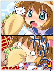 blue_eyes blush brown_hair censored cute_fang hair_bobbles hair_ornament hiro_hiroki kataoka_yuuki novelty_censor o_o ouch pain penis penis_biting penis_hot_dog saki school_uniform serafuku short_hair taco thighhighs translation_request veins veiny_penis white_legwear