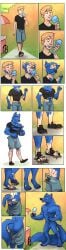 absurd_res anthro ass black_clothing black_footwear black_shirt black_shoes black_topwear blonde_hair blue_body blue_butt blue_eyes blue_fur blue_tail bottomwear bubbeh canid canine canis clothing footwear fur fur_chest fur_growth grass grey_bottomwear grey_clothing grey_pants growth hair hi_res human human_to_anthro ice_cream_stand licking licking_food licking_ice_cream male mammal pants park plant shirt solo species_transformation tail tail_growth tail_growth_in_pants tongue topwear torn_clothing transformation transformation_through_food transformation_through_milk wolf