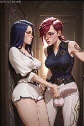 1futa 1futa1girl 1futanari 1girl 1girl1futa 1girls ai_generated arcane arcane_caitlyn arcane_vi armpits black_hair blue_eyes caitlyn_(league_of_legends) caitlyn_kiramman cameltoe covered_nipples erection erection_under_clothes erection_under_clothing female futanari grabbing_penis league_of_legends nose_blush pussy red_hair see-through see-through_top sleepwear tattoo tattooed_arm teasing velvet_nymph vi wet_pussy