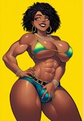 abs ai_generated aipixelporn bead_necklace beads big_ass big_breasts big_butt big_penis bikini bikini_top black_hair black_lips breasts dark-skinned_female dark-skinned_futa dark_skin female futanari grabbing_penis green_eyes green_nails intersex jean_shorts jewlery oc original original_character penis