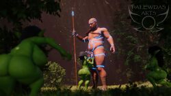 3d_(artwork) ball_grab balls druid erection female forest goblin green_body green_skin grope half_clothed human larger_male male nude palewdas_arts penis scrag_(modeler) short_stack shortstack staff tagme tribal tribal_markings