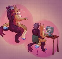 2025 2d anthro artist_name ass balatro bedroom_eyes blue_hair bodily_fluids brown_eyes canid canine canis chair chemicalcreature colored computer computer_keyboard computer_mouse cuntboy cuntboy/male desk digital_media_(artwork) domestic_dog drooling duo electronics fur furniture gaming gaming_while_penetrated genitals hair heart_symbol hip_grab holding_shoulder humanoid_genitalia humanoid_penis intersex intersex/male male mammal markings narrowed_eyes nude on_lap penetration penis pink_eyes purple_body purple_fur pussy saliva seductive sex shaded shoulder_grab side_view signature sitting_on_another sitting_on_lap smile spots striped_markings striped_tail stripes table tail tail_markings tan_body tan_fur text three-quarter_view trans_(lore) trans_man_(lore) vaginal_penetration wade_(chemicalcreature) waist_grab watermark west_(chemicalcreature) x-ray_view