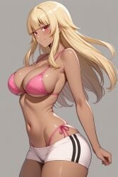 1girl ai-created ai_generated bangs bare_arms bare_shoulders bikini bikini_bottom bikini_under_shorts blonde_hair blunt_bangs blush breasts clavicle cleavage closed_mouth clothing dark-skinned_female dark_skin eyebrows female female_only gokukoku_no_brynhildr halterneck high_resolution highleg highleg_bikini highleg_swimsuit large_breasts long_hair looking_at_viewer micro_shorts midriff navel pink_bikini pink_swimsuit portrait red_eyes rena_aikawa_(pixiv_user) shiny shiny_skin short_shorts shorts side-tie_bikini side-tie_bikini_bottom side-tie_clothing side-tie_swimsuit sideboob sidelocks skindentation smile solo standing stomach strap_gap string_bikini striptease swimsuit tachibana_mina_(gokukoku_no_brynhildr) thighs underboob underwear white_shorts