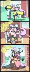 alternate_costume barn blue_hair chabble coat cow_ears cow_girl cow_horns cowbell farm floating_hands hand_milking iono_(pokemon) lactation milk milk_bucket milk_squirt milked_like_a_cow milking miltank multi_breast multicolored_eyes multicolored_hair pink_body pink_hair pokemon pokemon_(species) screw sharp_teeth tail talking talking_to_chat thick_thighs transformation transformation_through_injection udders yellow_nipples