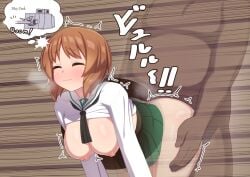 1boy blush bouncing_breasts breasts brown_hair closed_eyes clothed_female_nude_male clothed_sex dark-skinned_male doggy_style female girls_und_panzer glory_wall kulettula large_breasts nipples nishizumi_miho ooarai_school_uniform pzkpfw_38(t) sex sex_from_behind shirt_lift straight stuck stuck_in_wall tank through_wall vaginal_penetration