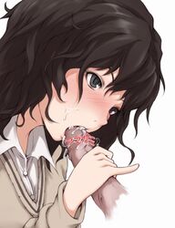 amagami black_hair blush censored cum cum_in_mouth fellatio female handjob ina_(gokihoihoi) messy_hair oral penis pinky_out raised_pinky_handjob solo sweater tanamachi_kaoru uncensored