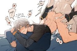 2boys anal anal_sex anthro anthro_on_human brothums cum cum_in_ass cum_inside cumming cumming_from_anal_sex cumming_in_ass cumming_inside cumming_together cumming_while_penetrated cumming_while_penetrating cumshot doggy_style english english_text furry furry_male gay grey_hair heart_symbol holding_pillow human human_on_anthro male male/male male_focus male_only male_penetrated male_penetrating male_penetrating_male moji00x00x partially_clothed partially_clothed_male penetration pillow pillow_grab pillow_hug speech_bubble von_lycaon white_fur wise_(zenless_zone_zero) yaoi zenless_zone_zero