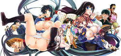 6+boys 6+girls 6girls blue_eyes blue_hair breasts calendar_(object) cellphone censored cover cum doujin doujinshi female female_only huge_breasts long_hair long_image multiple_boys multiple_girls phone shiawase_shoujo spread_legs takenoko_seijin very_long_hair white_background wide_image