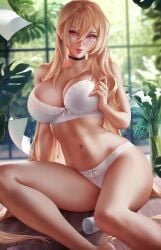 artist_name azur_lane bare_shoulders black_choker blonde_hair bow bra breasts cg choker cleavage cup female glasses hair_between_eyes implacable_(azur_lane) implacable_(shepherd_of_the_"lost")_(azur_lane) indoors large_breasts lips long_hair looking_at_viewer navel olchas panties paper parted_lips pink_eyes round_eyewear signature sitting solo stomach thighs underwear underwear_only very_long_hair white_bra white_panties window