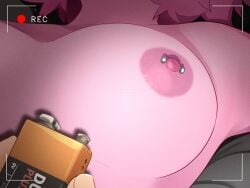 1girls ashido_mina battery breasts close-up female holding_object joke khyleri lying mina_ashido nipple_piercing piercing pink_hair pink_skin prank recording recording_video sleeping topless