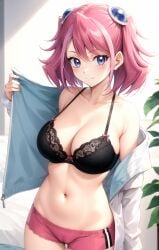 1girl ai-created ai_generated armpit_crease bare_shoulders black_bra blue_eyes blush bow bow_bra boyshort_panties boyshorts bra breasts cameltoe cleavage closed_mouth collarbone cowboy_shot female groin hair_between_eyes hair_ornament hiiragi_yuzu indoors jacket lace lace-trimmed_bra lace_trim large_breasts lingerie long_sleeves looking_at_viewer medium_hair multicolored_hair navel off_shoulder open_clothes open_jacket panties pink_bow pink_hair pink_shorts plant rena_aikawa_(pixiv_user) short_hair short_shorts short_twintails shorts sidelocks single_bare_shoulder smile solo standing stomach streaked_hair thigh_gap thighs twintails two-tone_hair two_side_up underwear white_jacket yu-gi-oh! yu-gi-oh!_arc-v