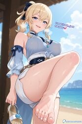 absurd_res ai_assisted ai_generated ass barefeet barefoot beach beach_background big_ass big_breasts blonde_hair blue_eyes blush breasts curvy feet female female_focus female_only foot_fetish foot_prints genshin_impact jean_gunnhildr looking_at_viewer sandals sandals_removed smelly_feet solo sweaty text valytria