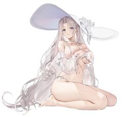 1girls artistic_nude azur_lane bare_legs bare_shoulders barefoot bikini blue_eyes breasts cg choker collarbone covering_breasts covering_privates detached_sleeves feet female flower full_body hair_ornament hat hat_flower large_breasts long_hair looking_at_viewer navel official_alternate_costume official_art parted_bangs parted_lips see-through see-through_sleeves seiza sitting smile solo solo_female stomach sun_hat swimsuit thighs toes very_long_hair wet white_bikini white_choker white_hair white_headwear yorktown_(azur_lane) yorktown_ii_(azur_lane) yorktown_ii_(bright-sky_mermaid)_(azur_lane)
