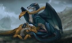 ambiguous_gender bedroom_eyes claws digital_media_(artwork) digital_painting_(artwork) dragon duo erection feet feral fog genitals hi_res horn looking_at_viewer luamir male male/ambiguous membrane_(anatomy) membranous_wings mythological_creature mythological_scalie mythology narrowed_eyes outside painting_(artwork) paws penis quadruped reymur scales scalie seductive smile tail toe_claws wings