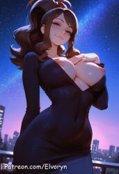 1girls ai_generated big_ass big_breast blue_eyes breasts brown_hair bug_ass elvoryn female female/male female_on_cloth female_on_top hilda_(pokemon) long_hair looking_at_viewer nintendo nipple nude pink_nipple pokemon pokemon_bw ponytail pussy smiling solo standing straight sweat sweatdrop uncensored